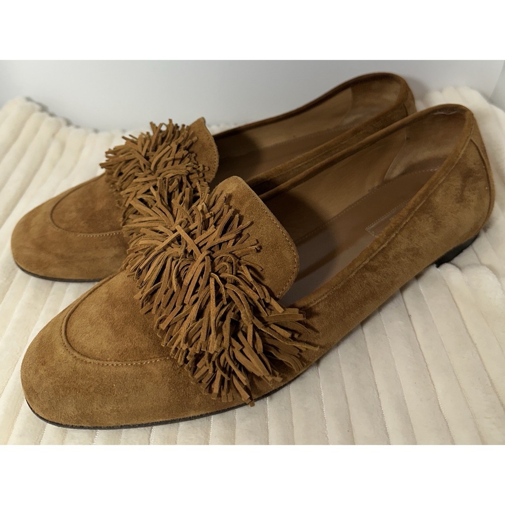 Aquazzura Brown Suede Fringe Slip-On Loafer Flats Round Toe Women's US 9